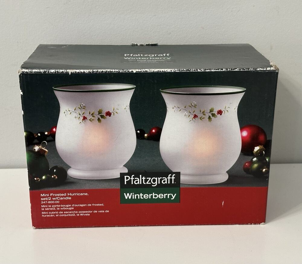 PFALTZGRAFF Winterberry Candle Holder Frosted Glass mini Hurricane, Set of 2 NIB